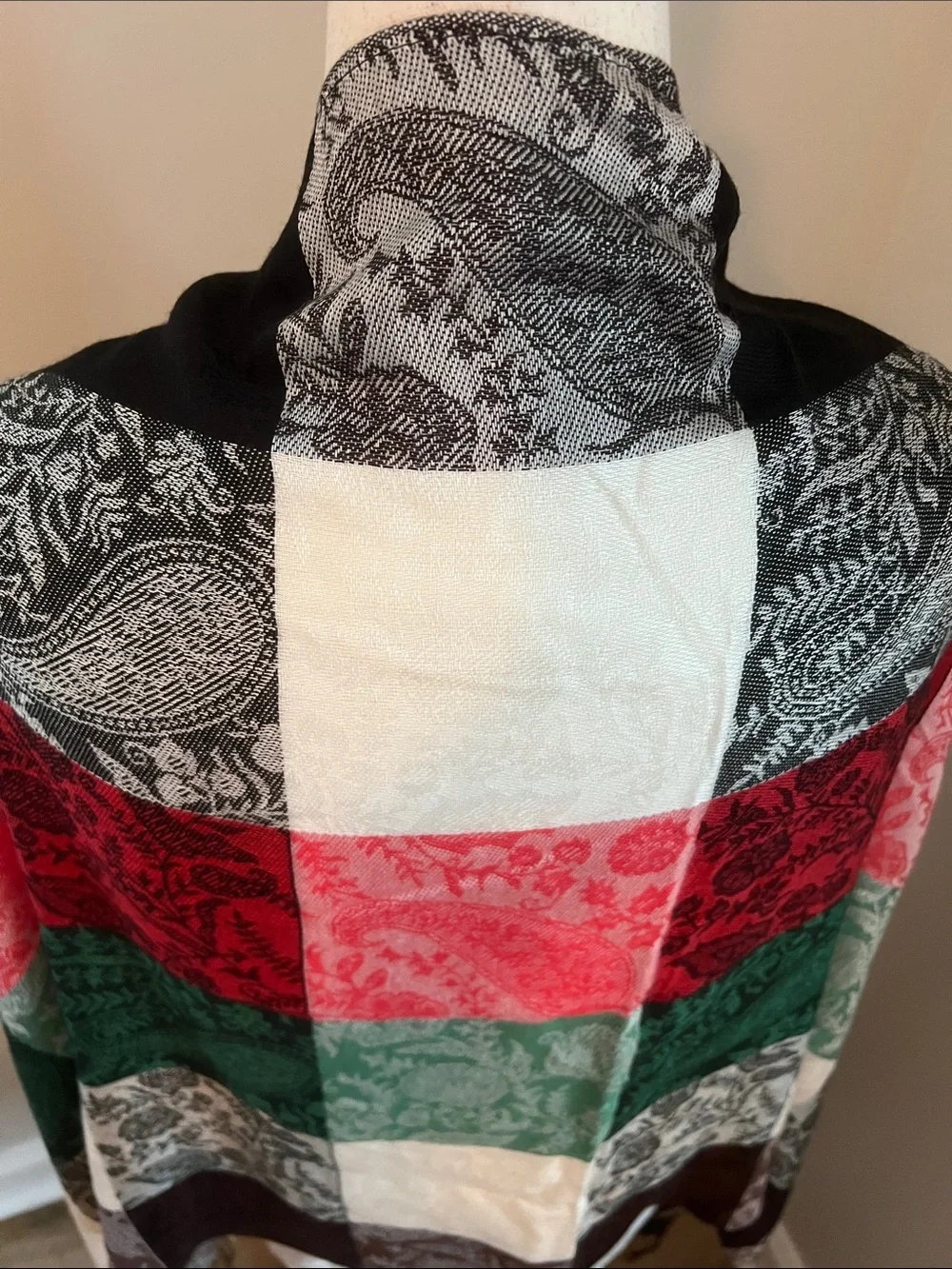 pashmina | Black, White, Red & Green Paisley Patch Scarf Wrap Sz 76” L x 27” W